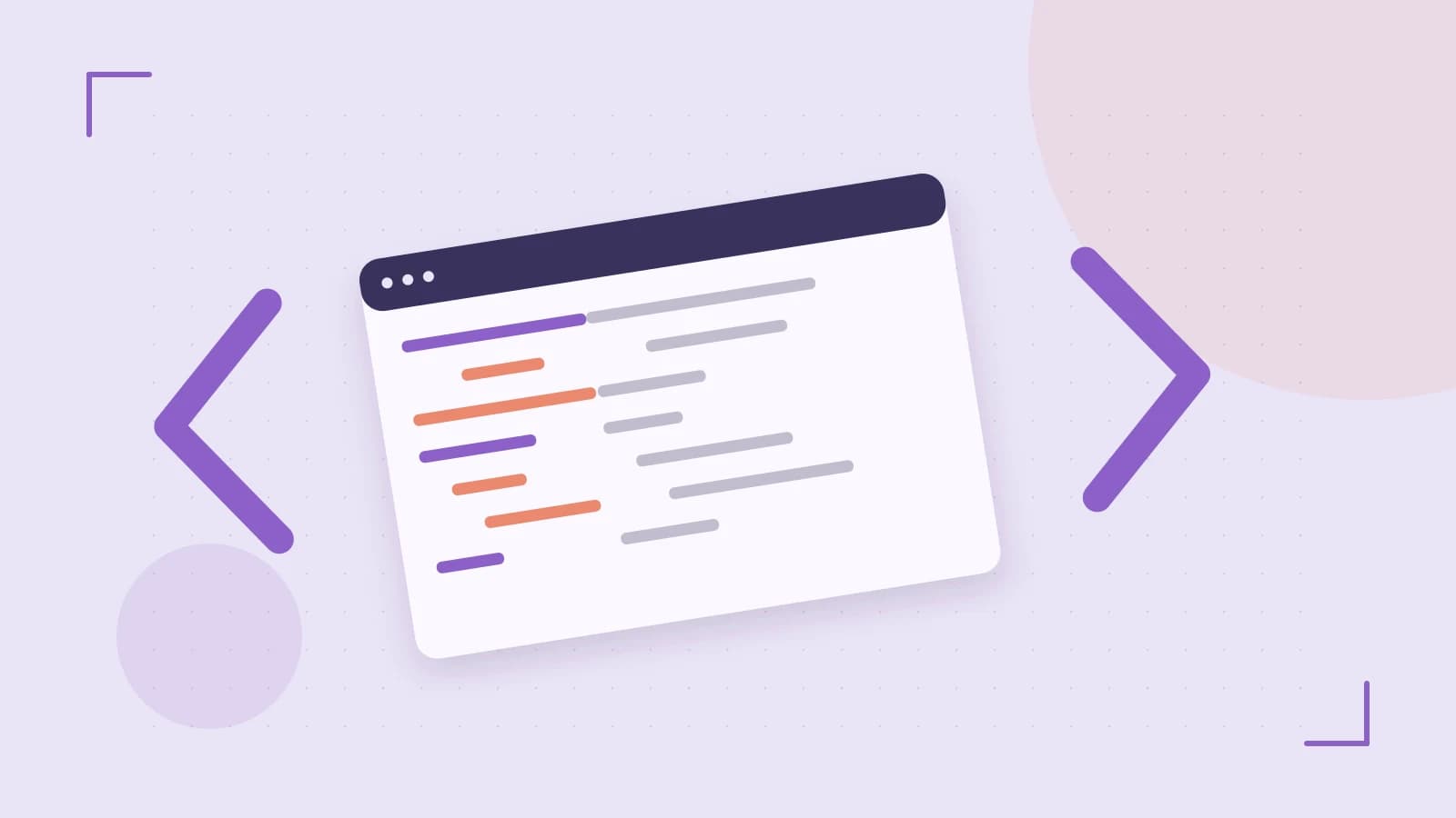 Editorial illustration of an abstract code editor, syntax blocks and oversized programming brackets