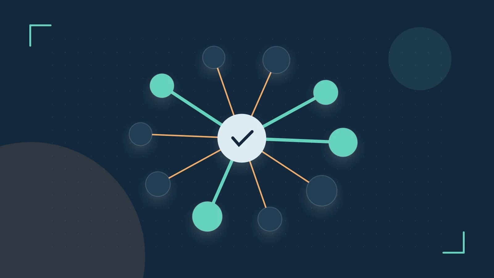 Editorial illustration of an algorithmic node graph with branching paths and a highlighted result