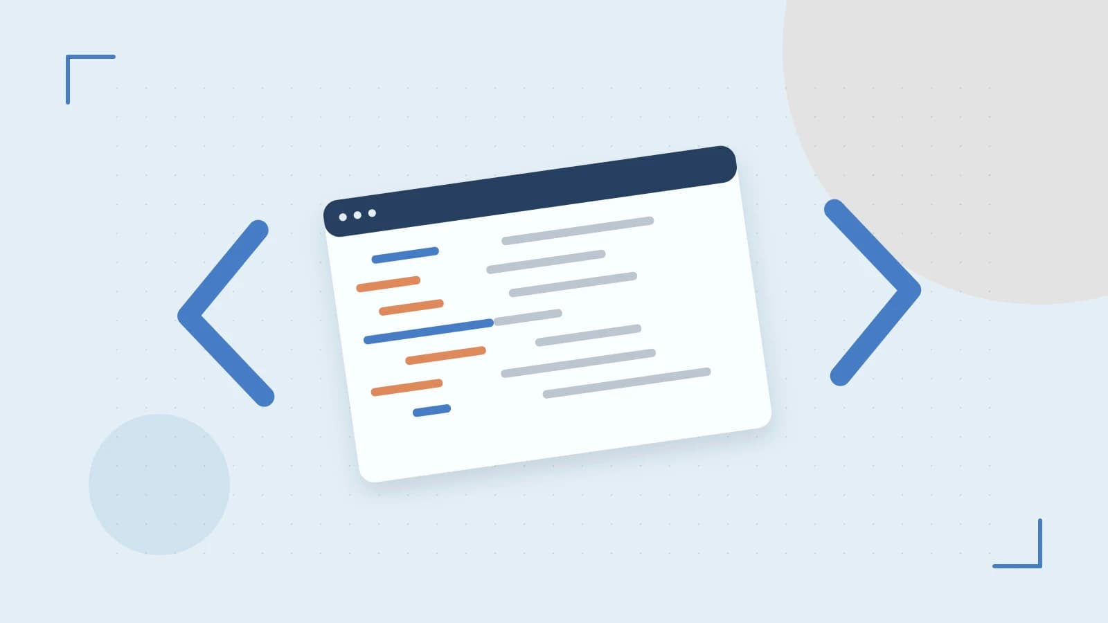 Editorial illustration of an abstract code editor, syntax blocks and oversized programming brackets