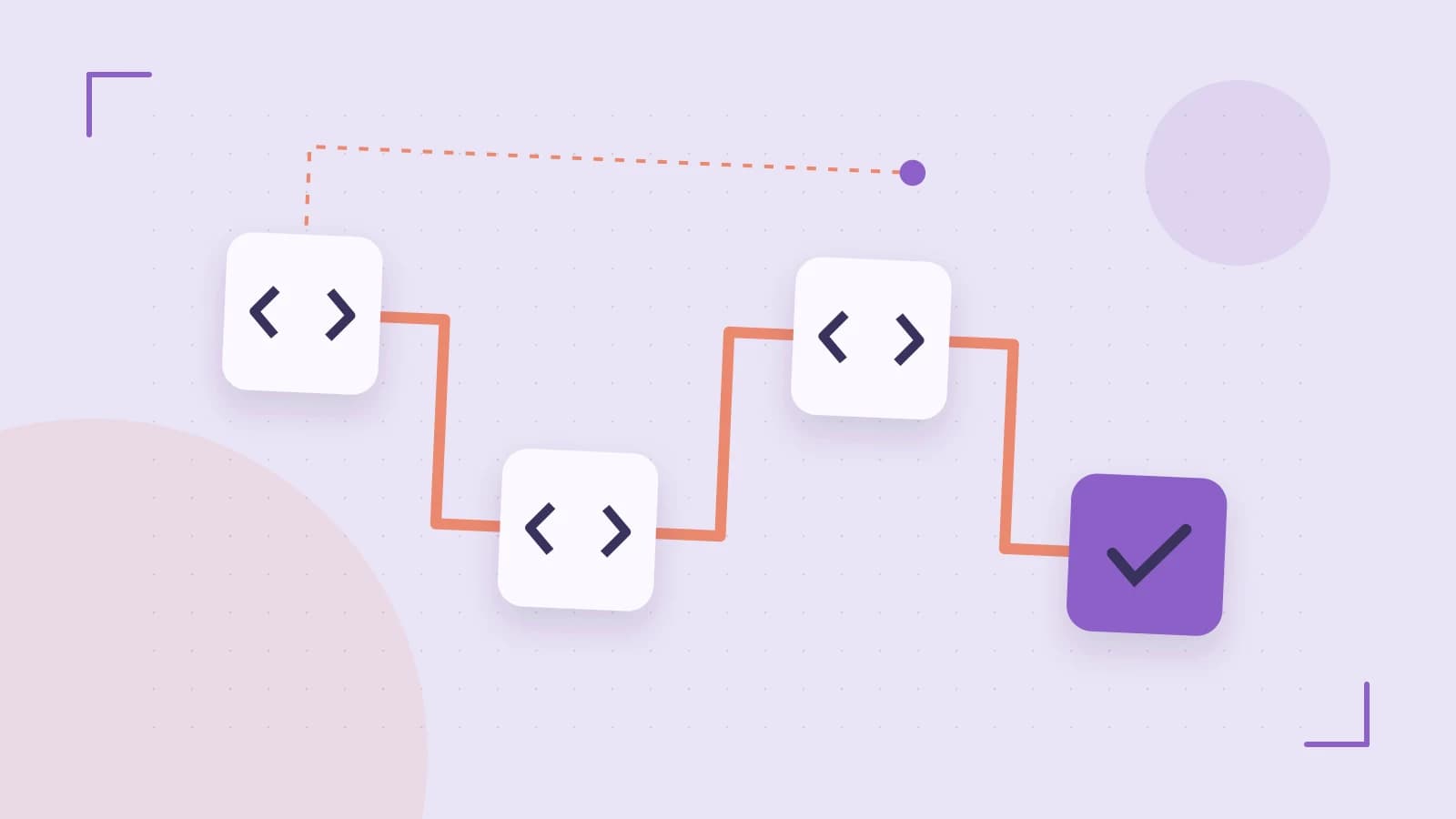 Editorial illustration of a branching build pipeline, staged transformations and a completed check