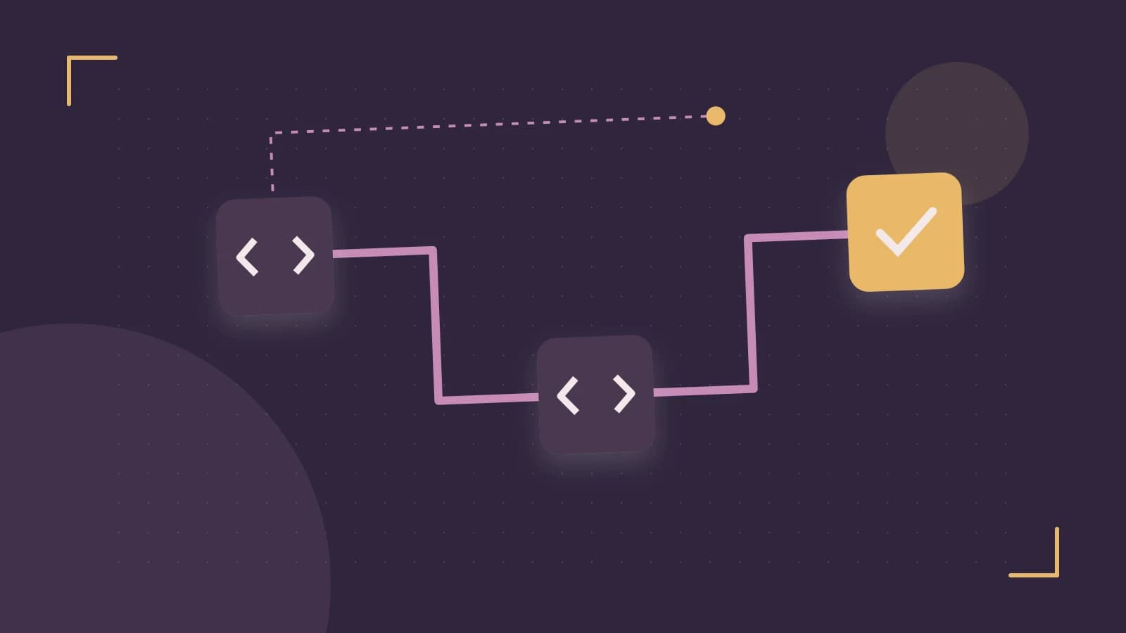 Editorial illustration of a branching build pipeline, staged transformations and a completed check