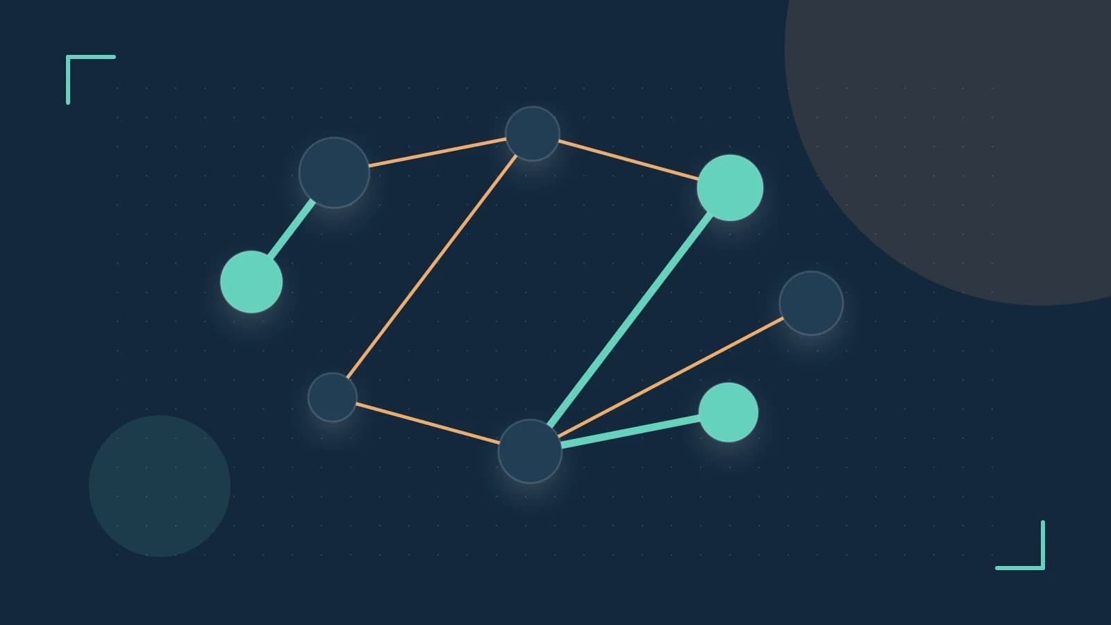 Editorial illustration of an algorithmic node graph with branching paths and a highlighted result