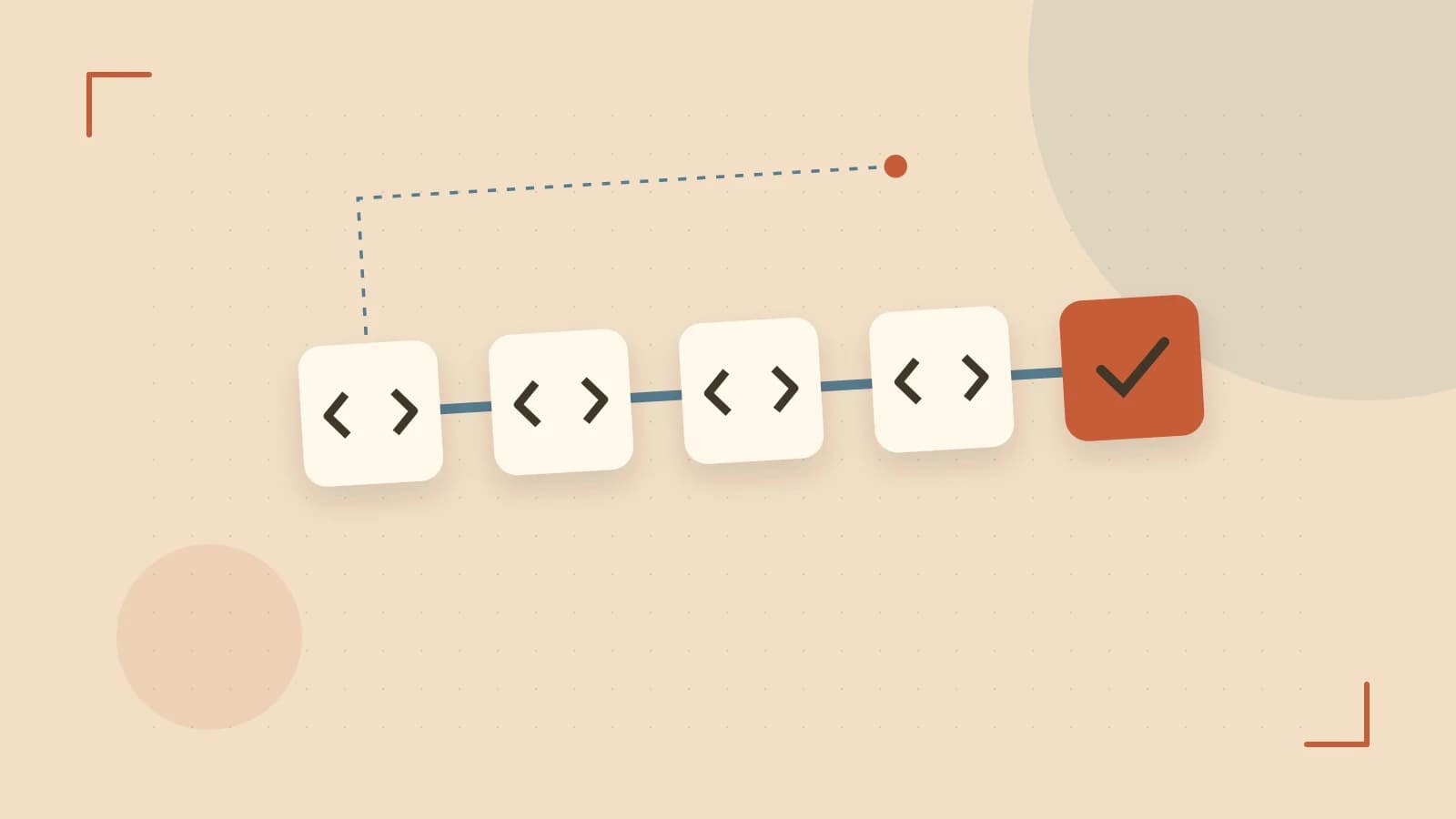 Editorial illustration of a branching build pipeline, staged transformations and a completed check