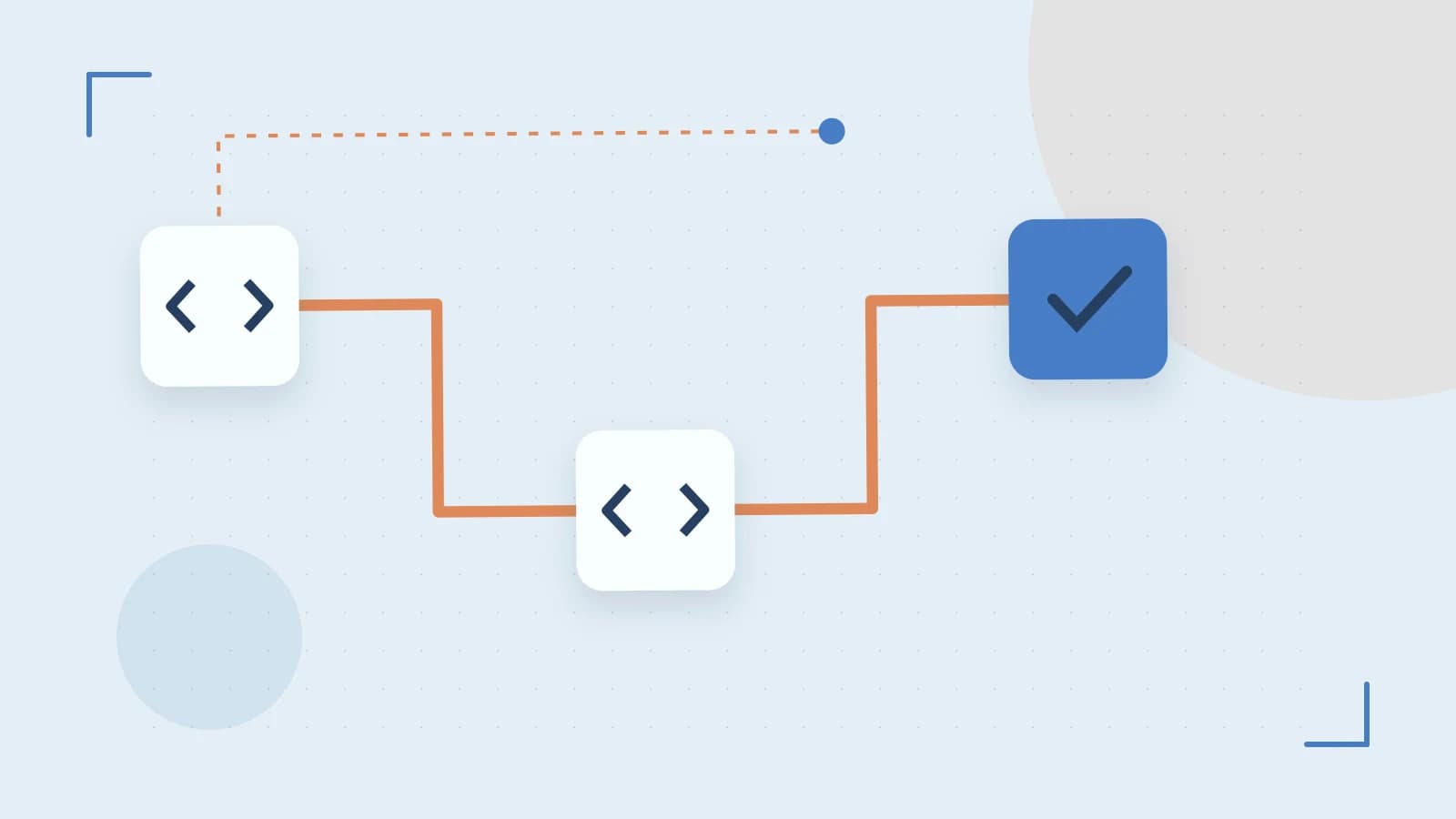 Editorial illustration of a branching build pipeline, staged transformations and a completed check