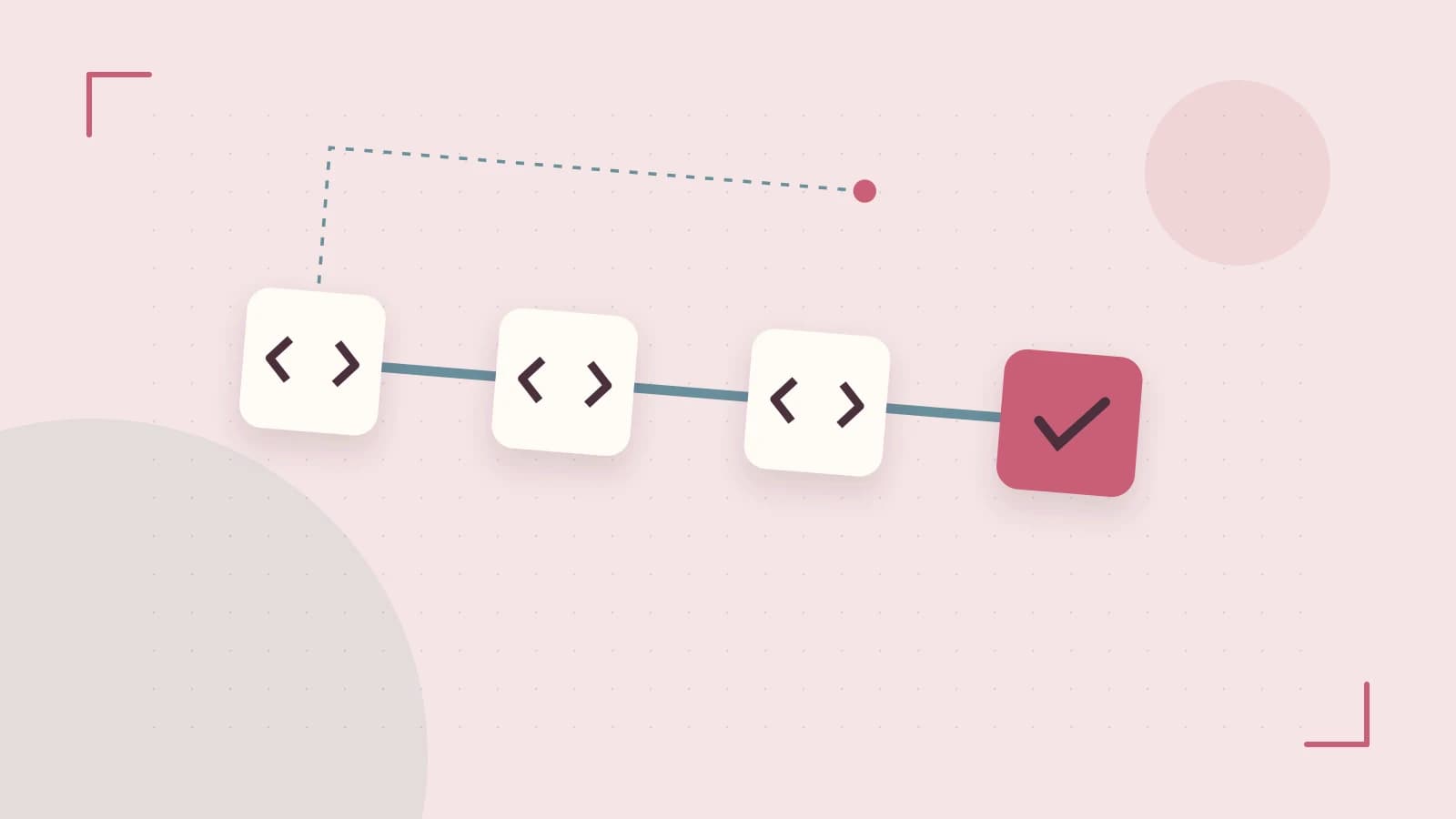 Editorial illustration of a branching build pipeline, staged transformations and a completed check