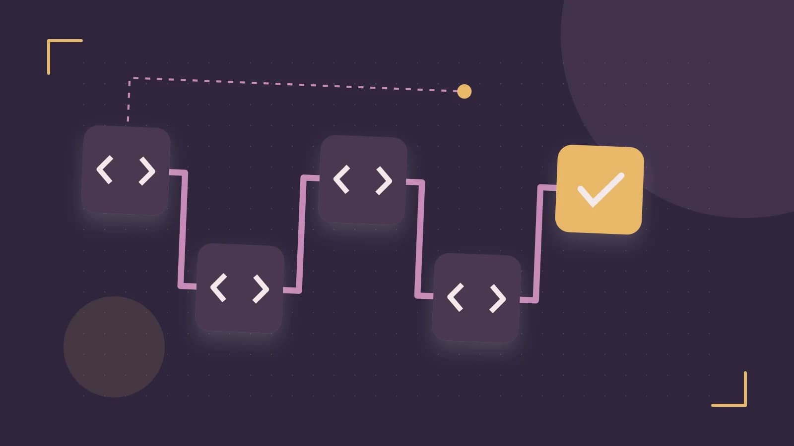 Editorial illustration of a branching build pipeline, staged transformations and a completed check