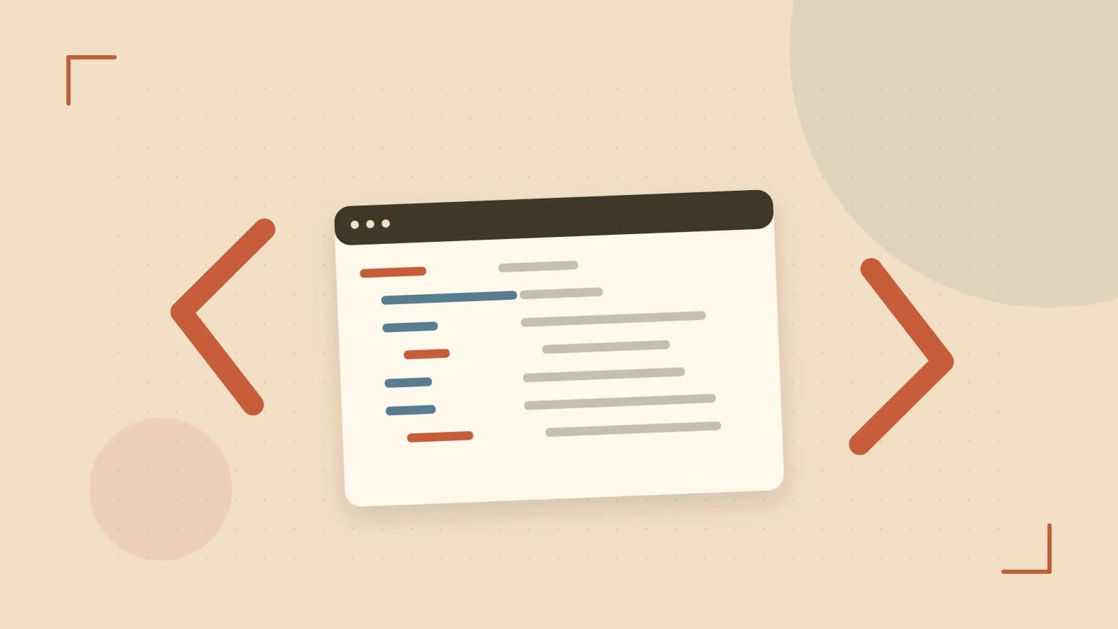 Editorial illustration of an abstract code editor, syntax blocks and oversized programming brackets
