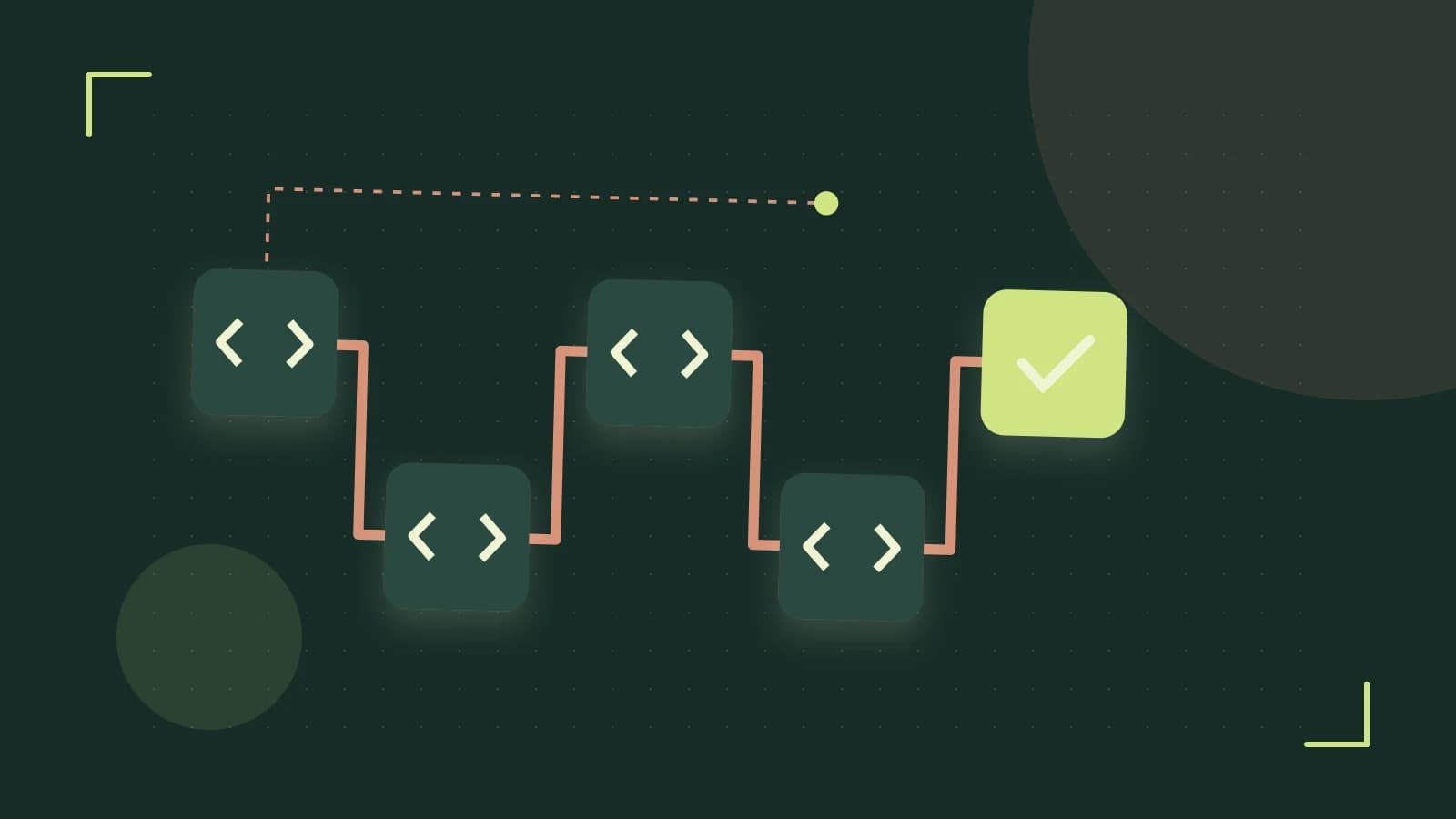 Editorial illustration of a branching build pipeline, staged transformations and a completed check