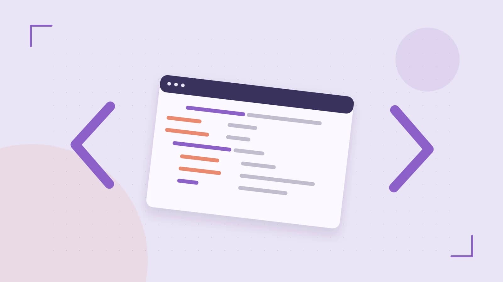 Editorial illustration of an abstract code editor, syntax blocks and oversized programming brackets