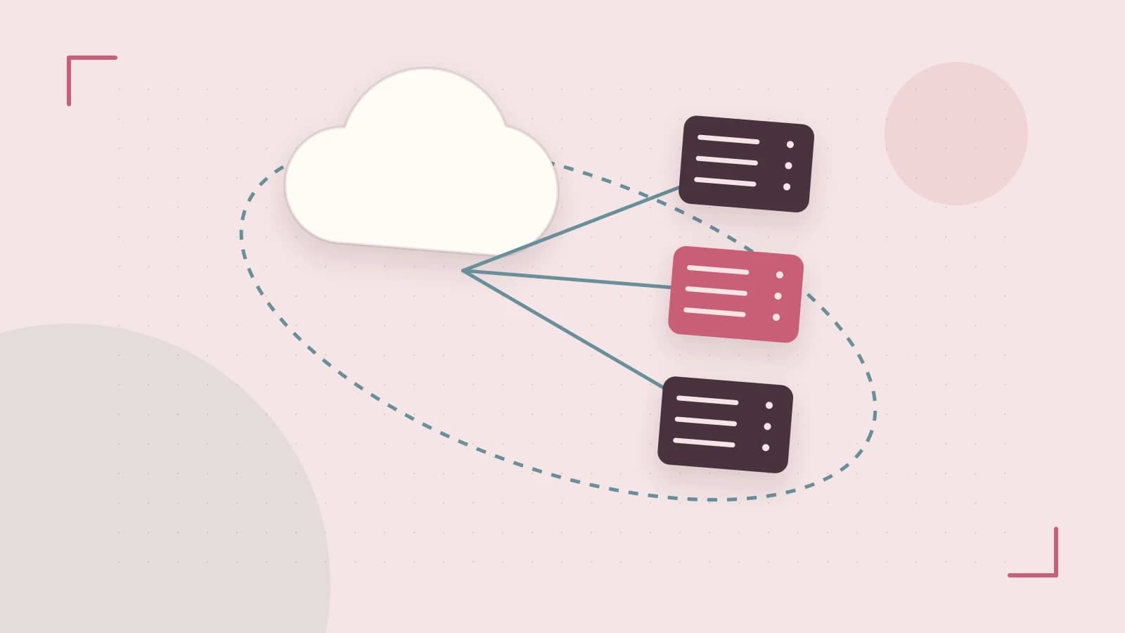 Editorial illustration of cloud infrastructure, connected server racks and an orbital service map