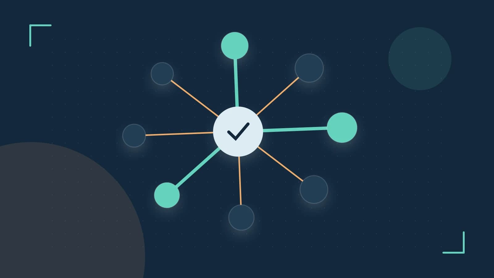 Editorial illustration of an algorithmic node graph with branching paths and a highlighted result