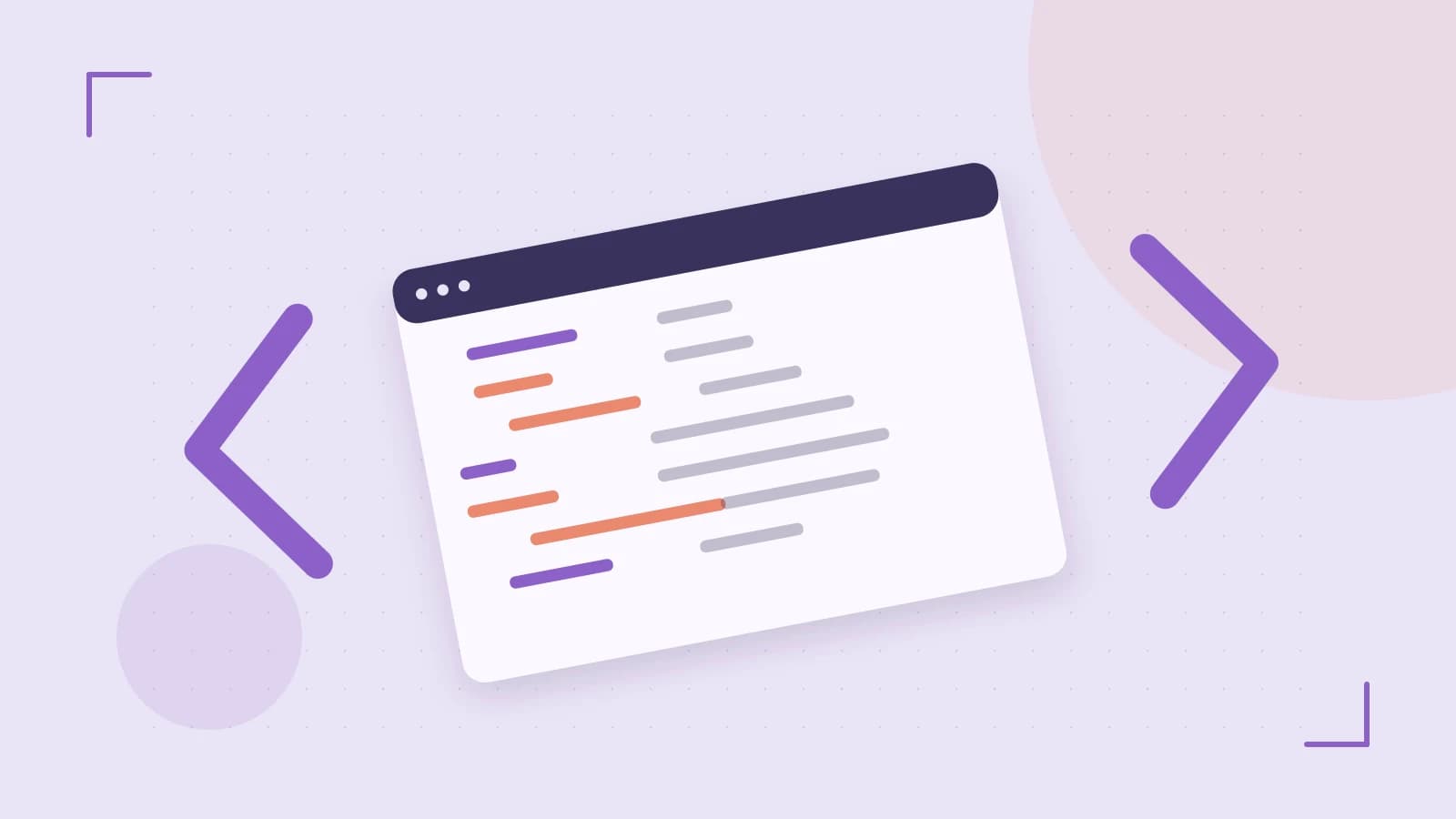 Editorial illustration of an abstract code editor, syntax blocks and oversized programming brackets