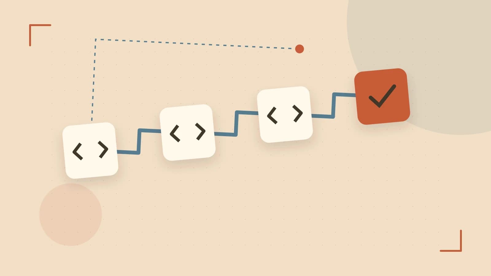Editorial illustration of a branching build pipeline, staged transformations and a completed check