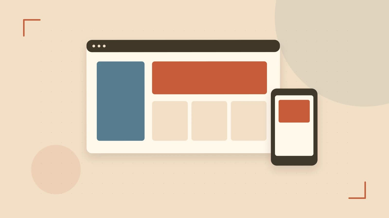Editorial illustration of responsive browser layouts, overlapping design components and a color system