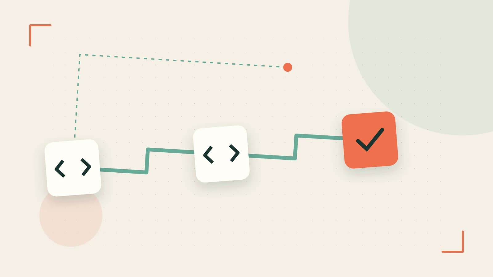 Editorial illustration of a branching build pipeline, staged transformations and a completed check