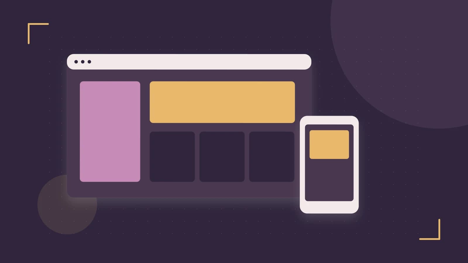 Editorial illustration of responsive browser layouts, overlapping design components and a color system