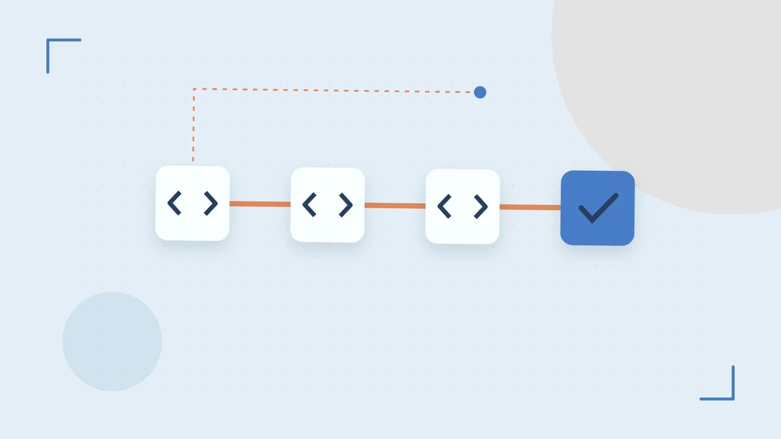 Editorial illustration of a branching build pipeline, staged transformations and a completed check