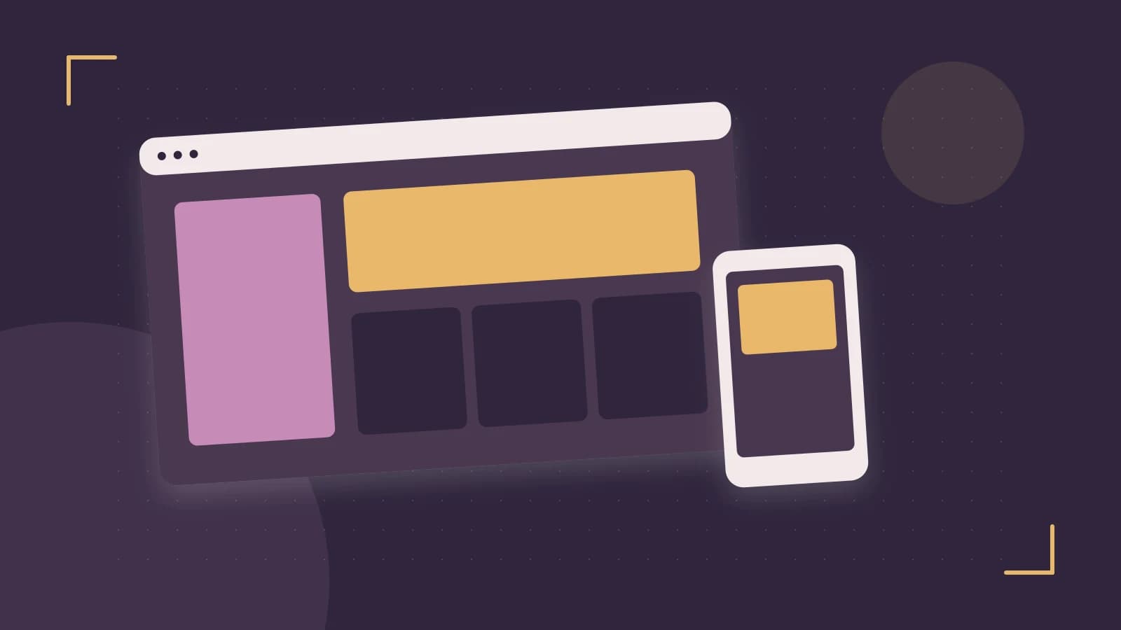 Editorial illustration of responsive browser layouts, overlapping design components and a color system