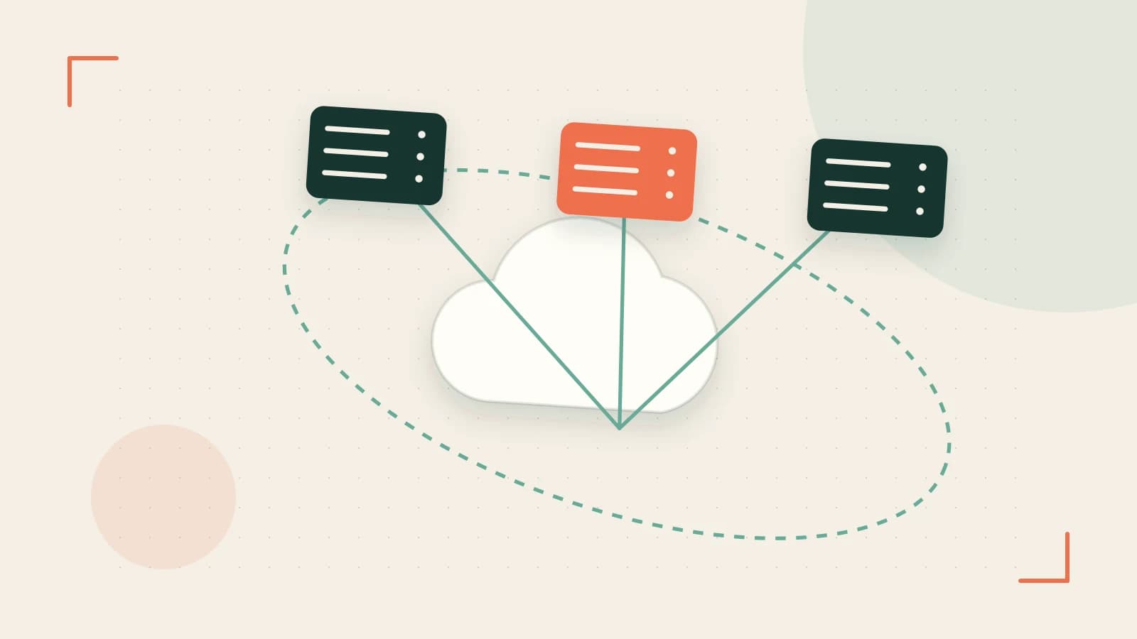 Editorial illustration of cloud infrastructure, connected server racks and an orbital service map