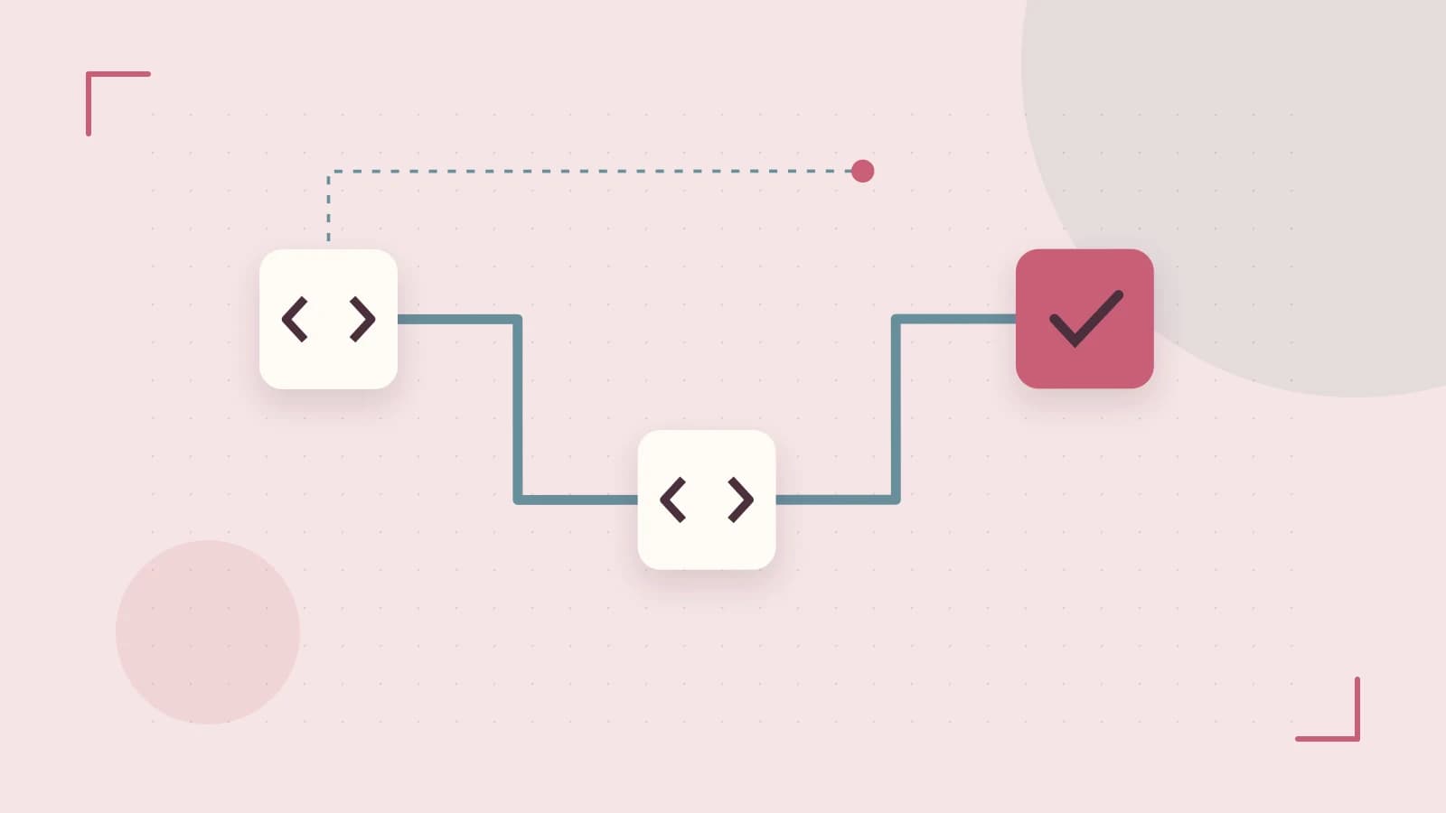 Editorial illustration of a branching build pipeline, staged transformations and a completed check