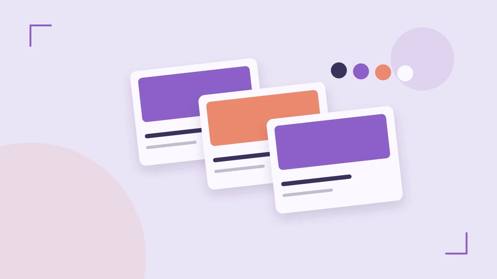 Editorial illustration of responsive browser layouts, overlapping design components and a color system