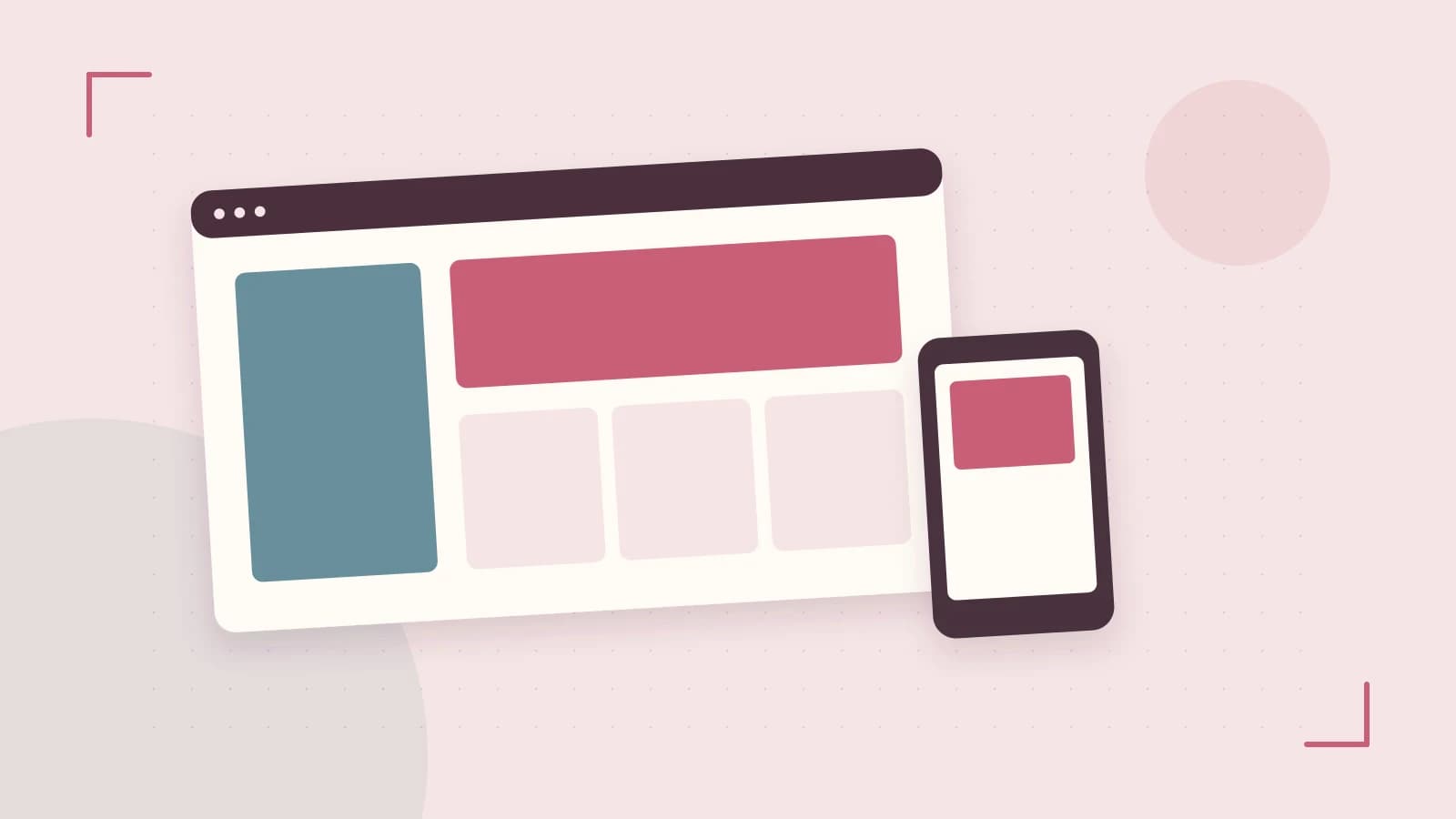 Editorial illustration of responsive browser layouts, overlapping design components and a color system