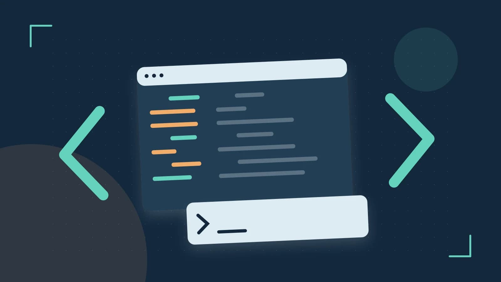 Editorial illustration of an abstract code editor, syntax blocks and oversized programming brackets