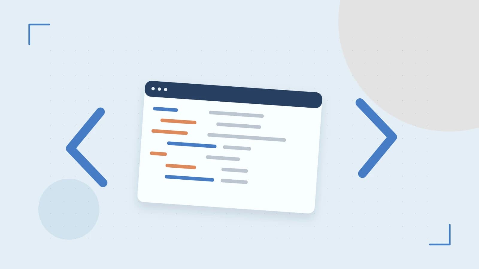 Editorial illustration of an abstract code editor, syntax blocks and oversized programming brackets