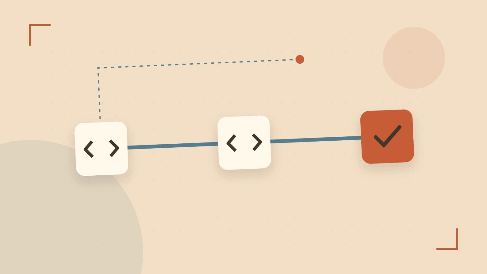 Editorial illustration of a branching build pipeline, staged transformations and a completed check