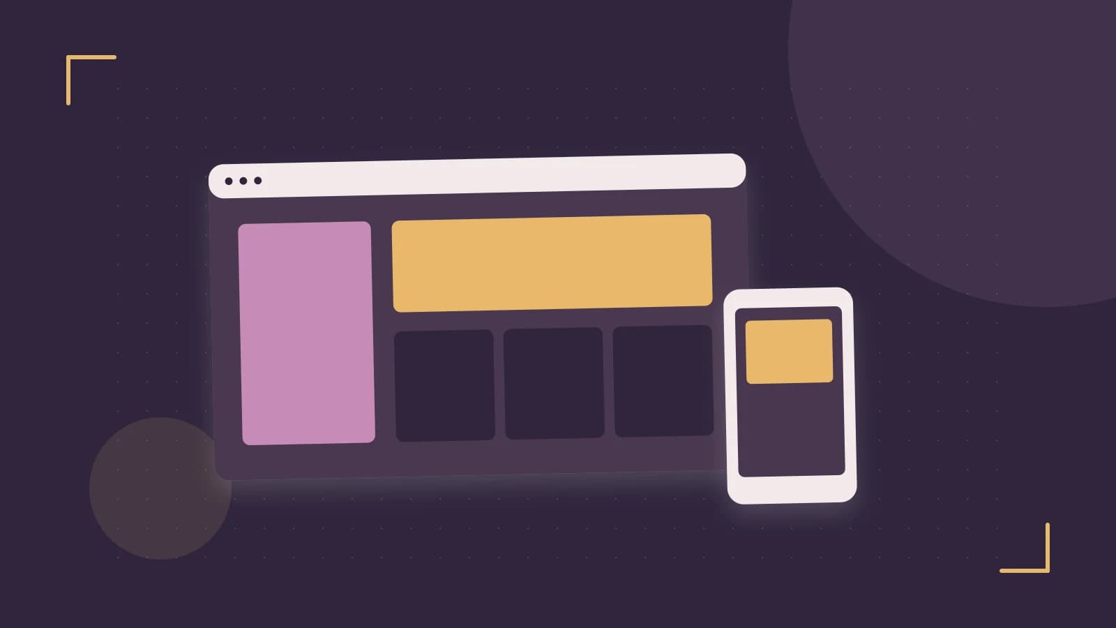 Editorial illustration of responsive browser layouts, overlapping design components and a color system