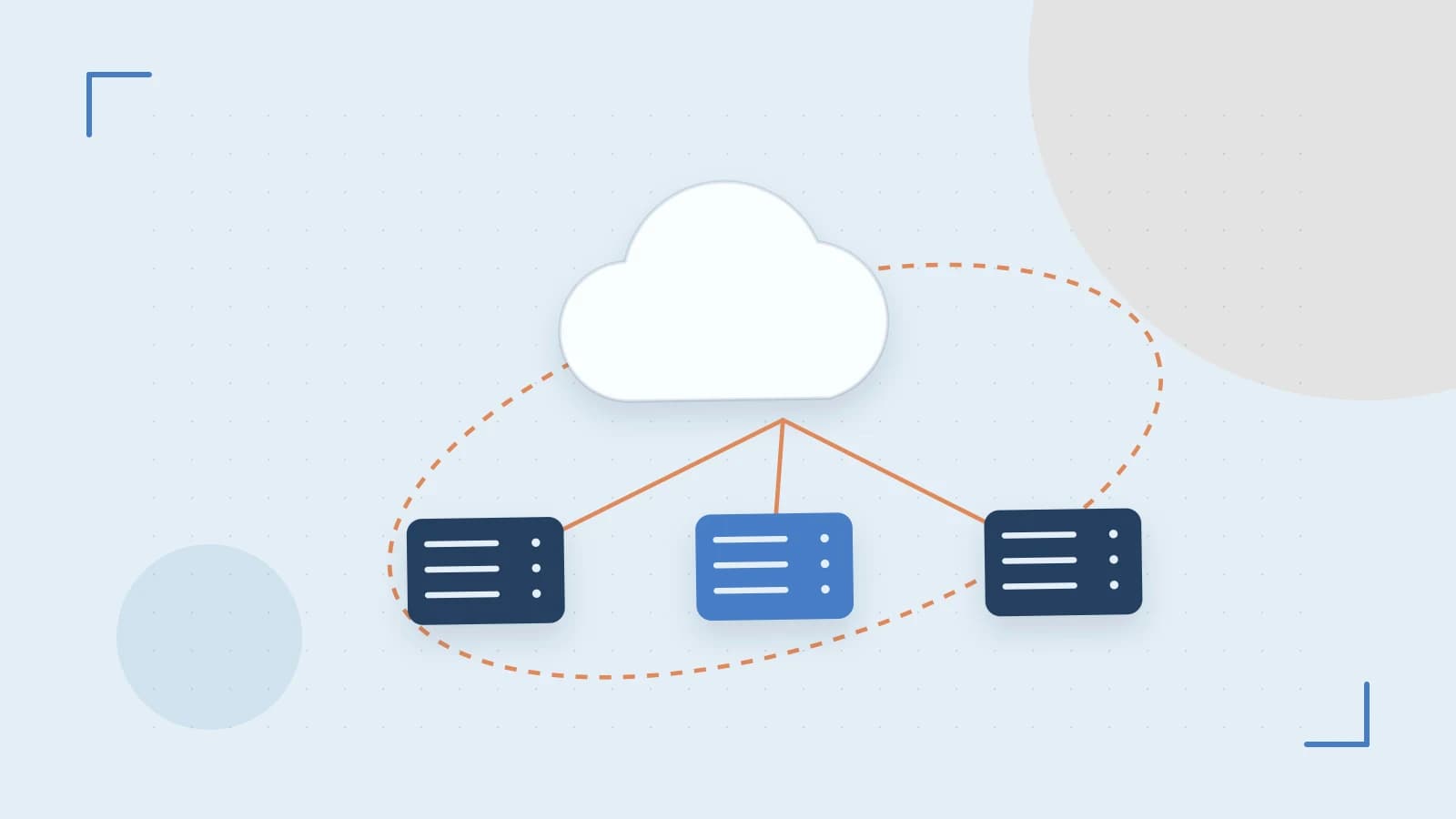 Editorial illustration of cloud infrastructure, connected server racks and an orbital service map
