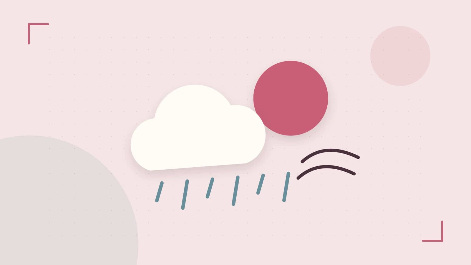Editorial illustration of a sun, layered clouds, raindrops and flowing weather patterns