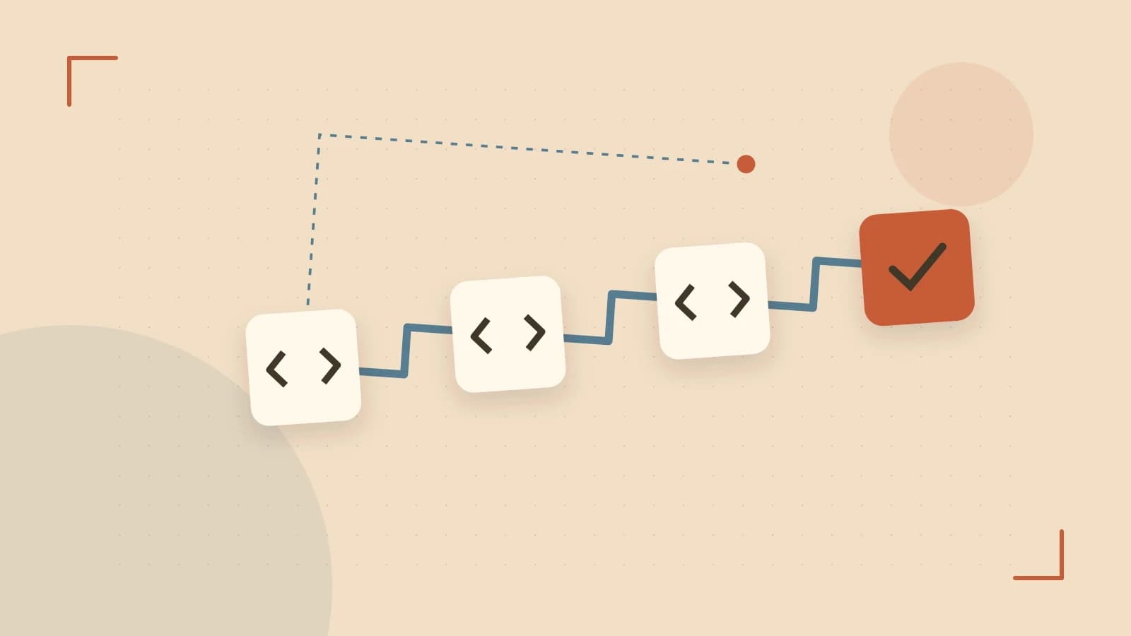 Editorial illustration of a branching build pipeline, staged transformations and a completed check