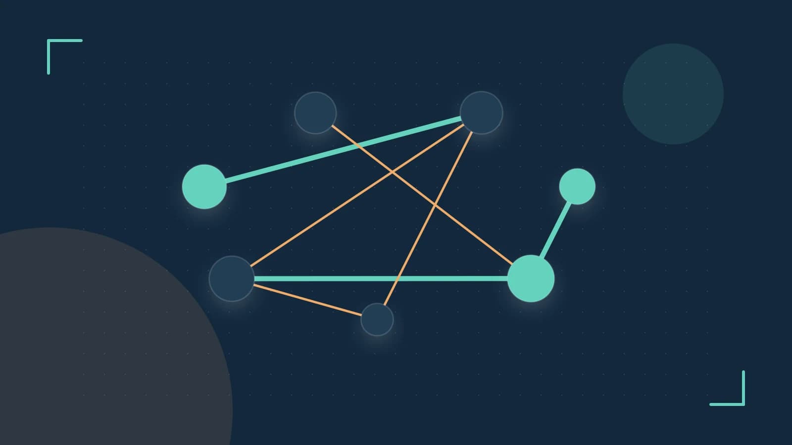 Editorial illustration of an algorithmic node graph with branching paths and a highlighted result