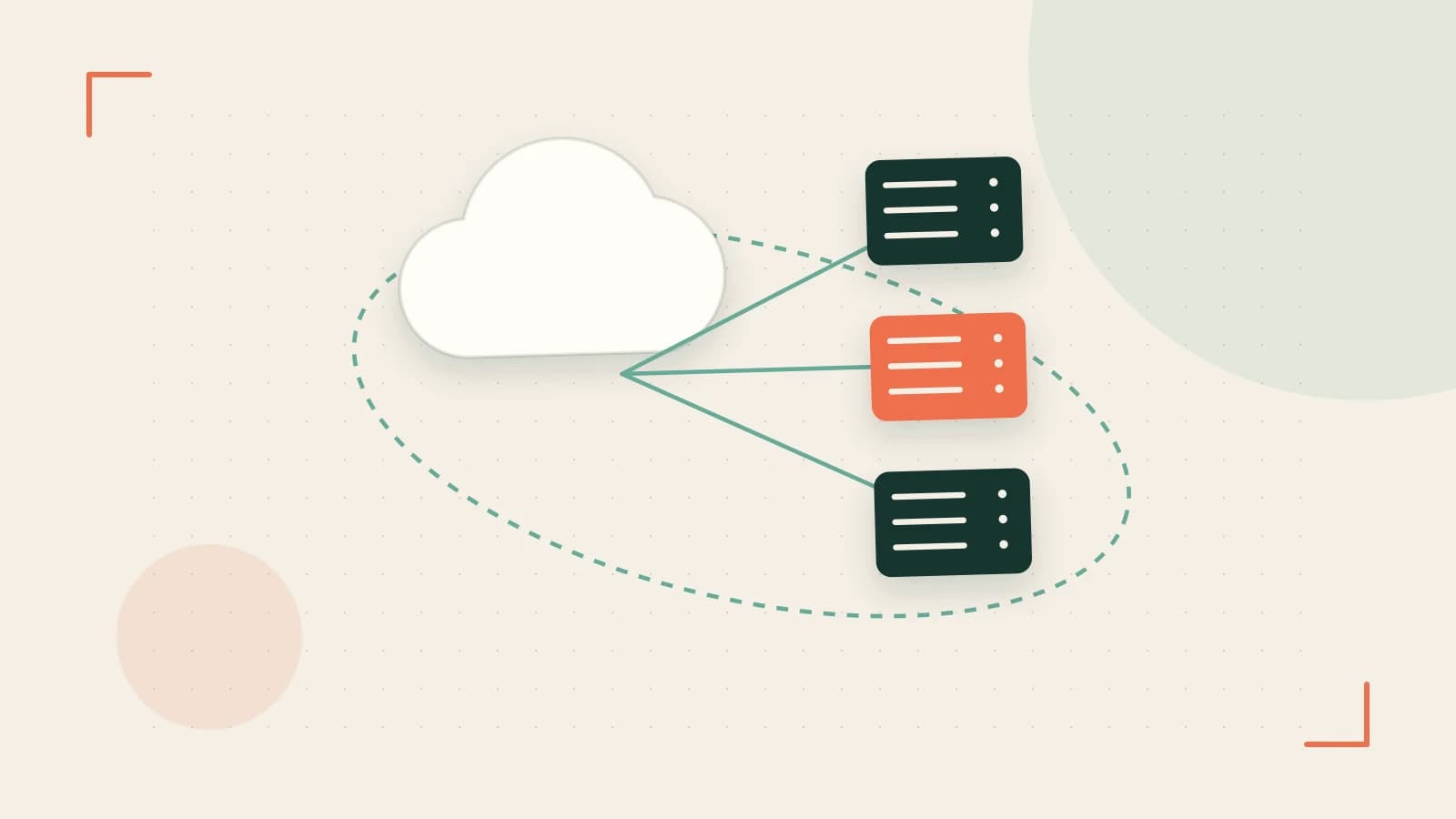 Editorial illustration of cloud infrastructure, connected server racks and an orbital service map