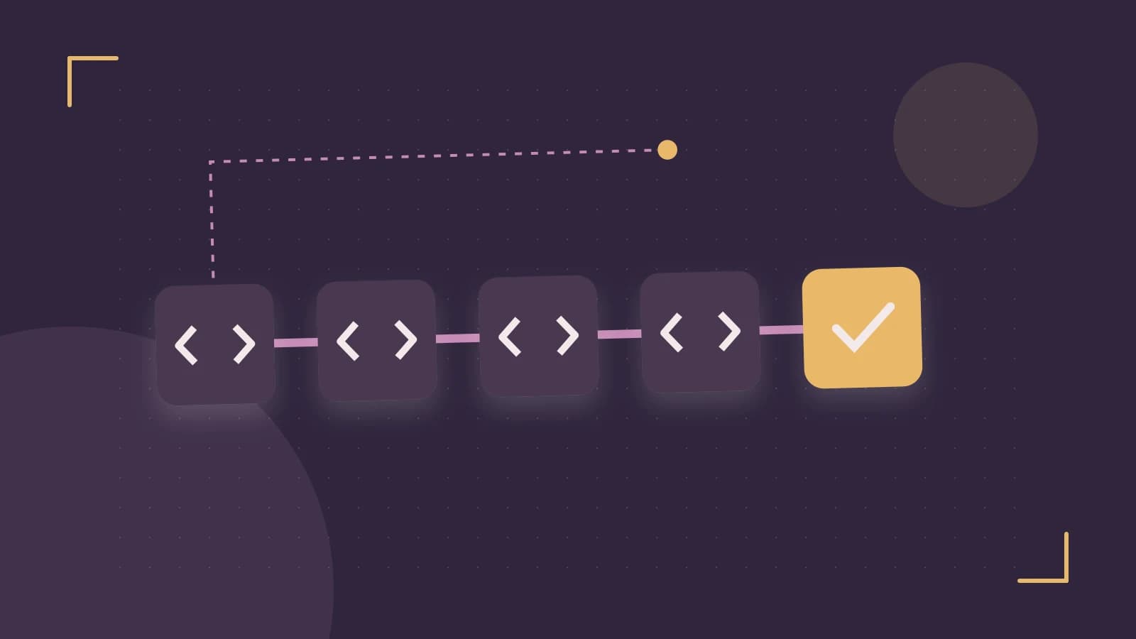 Editorial illustration of a branching build pipeline, staged transformations and a completed check