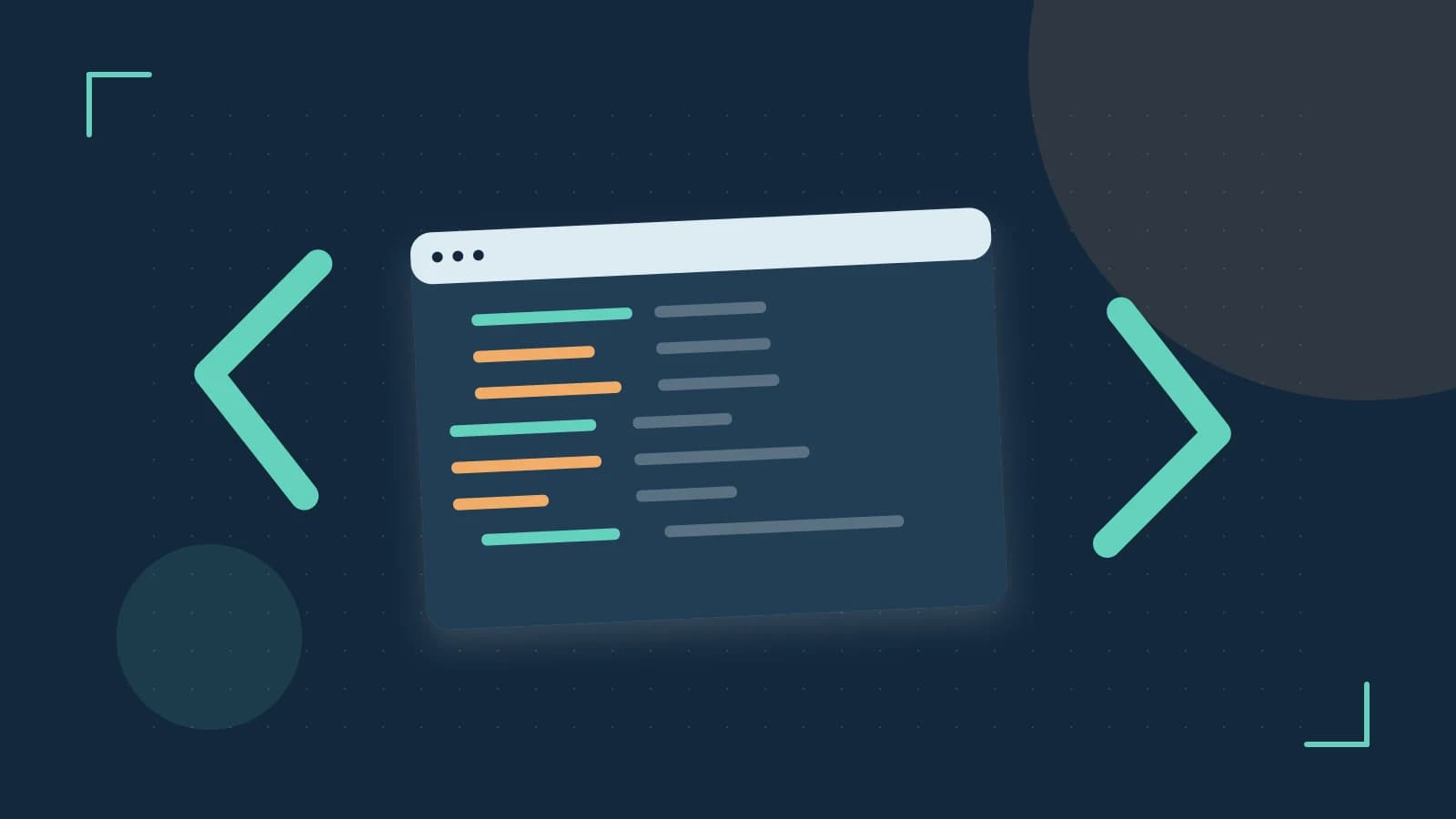 Editorial illustration of an abstract code editor, syntax blocks and oversized programming brackets
