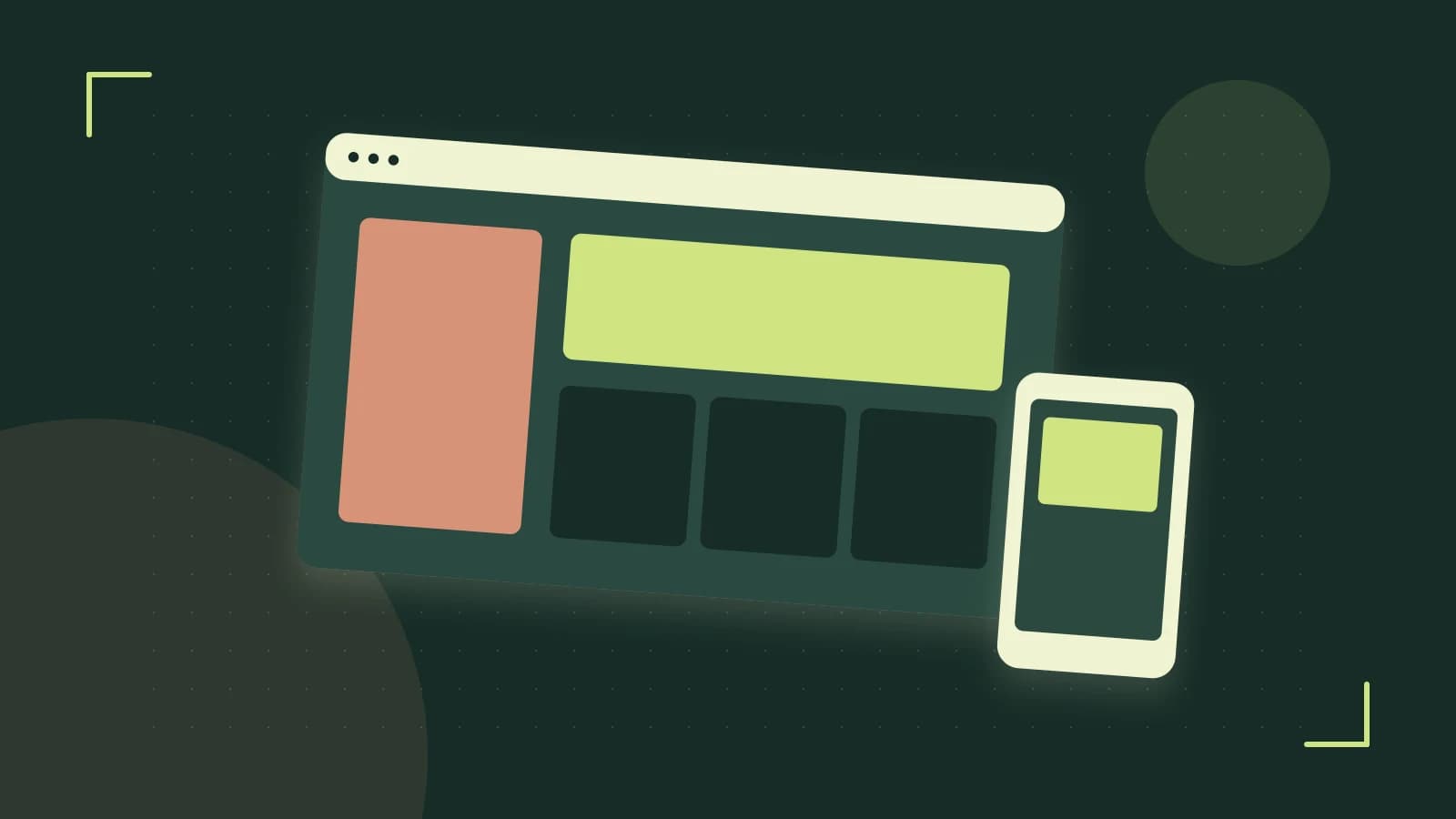 Editorial illustration of responsive browser layouts, overlapping design components and a color system