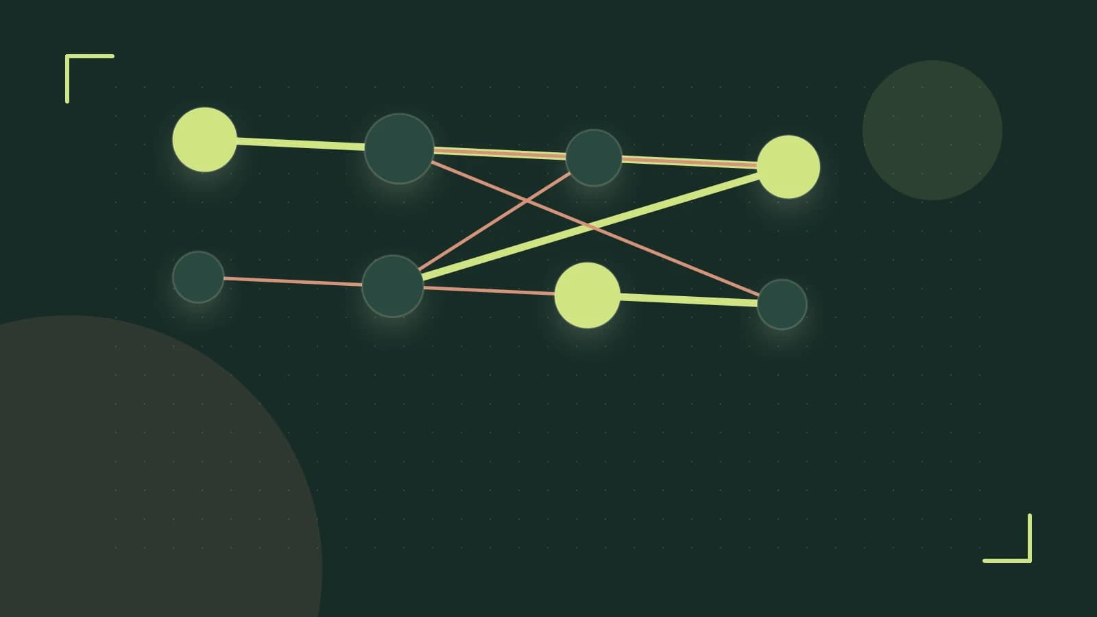 Editorial illustration of an algorithmic node graph with branching paths and a highlighted result