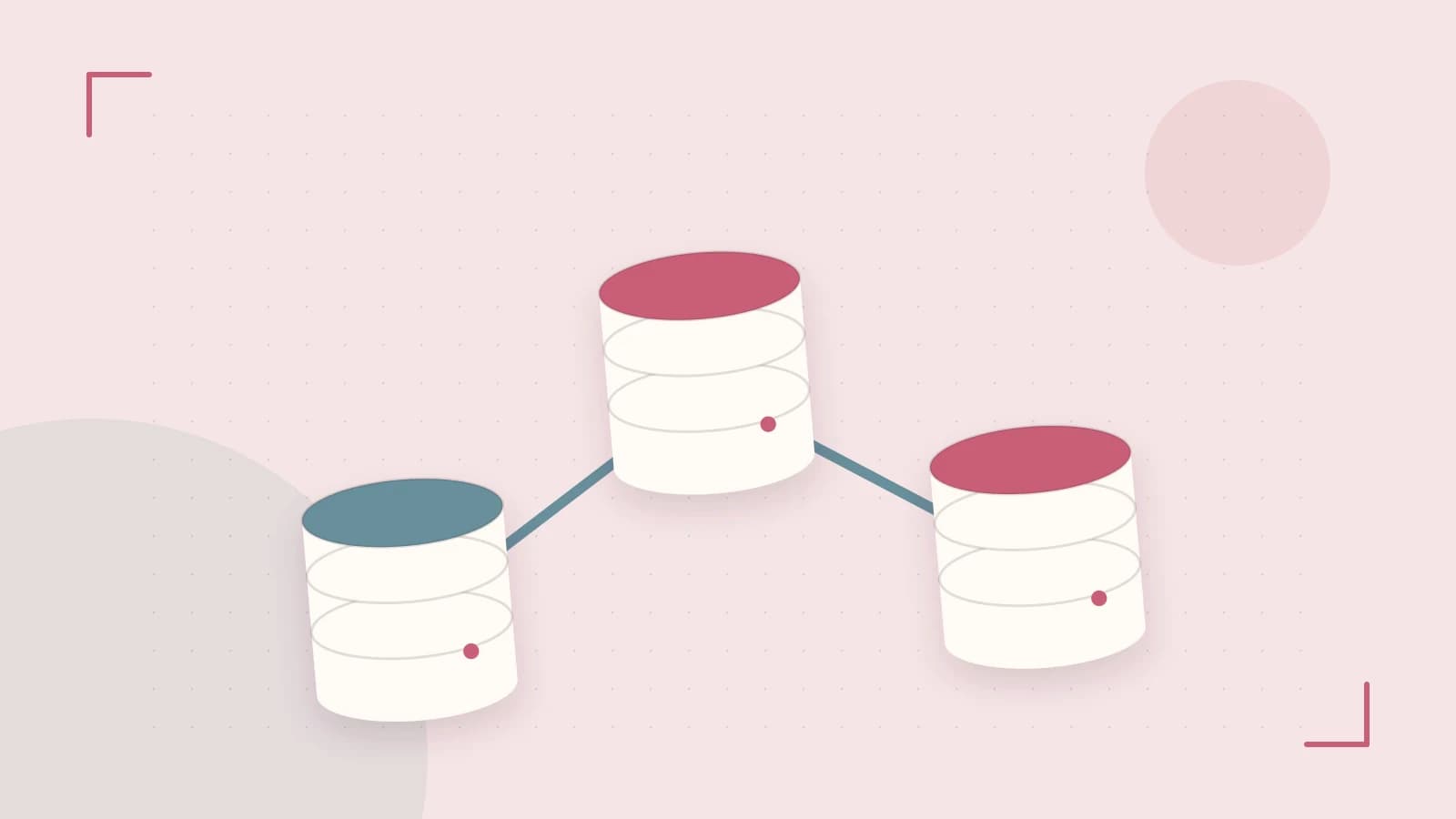 Editorial illustration of structured records, database cylinders and relationships between tables