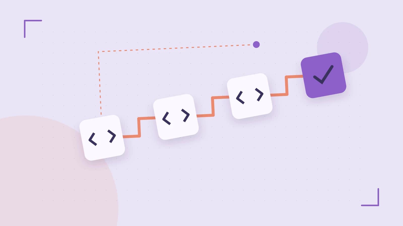 Editorial illustration of a branching build pipeline, staged transformations and a completed check