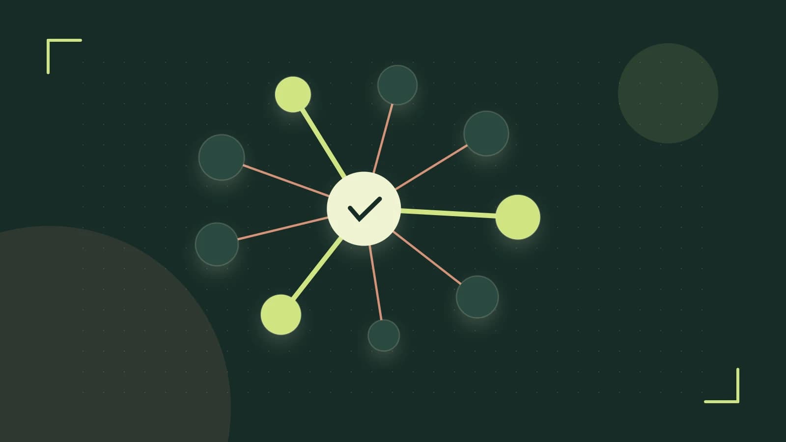 Editorial illustration of an algorithmic node graph with branching paths and a highlighted result