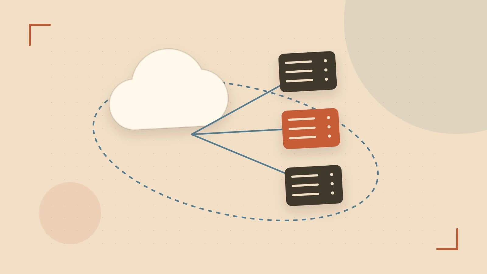 Editorial illustration of cloud infrastructure, connected server racks and an orbital service map