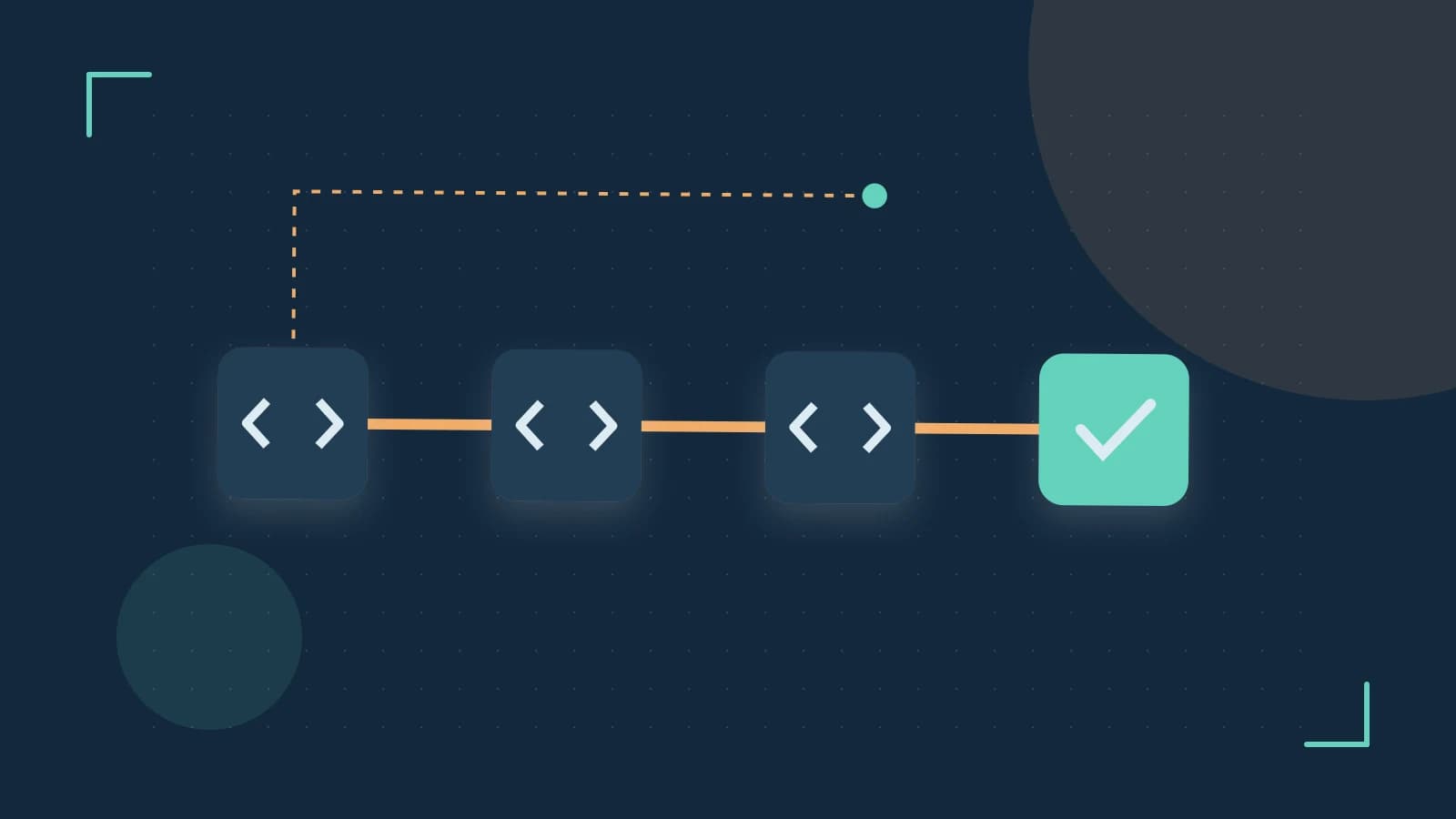 Editorial illustration of a branching build pipeline, staged transformations and a completed check