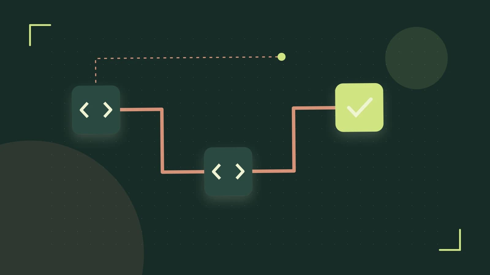 Editorial illustration of a branching build pipeline, staged transformations and a completed check
