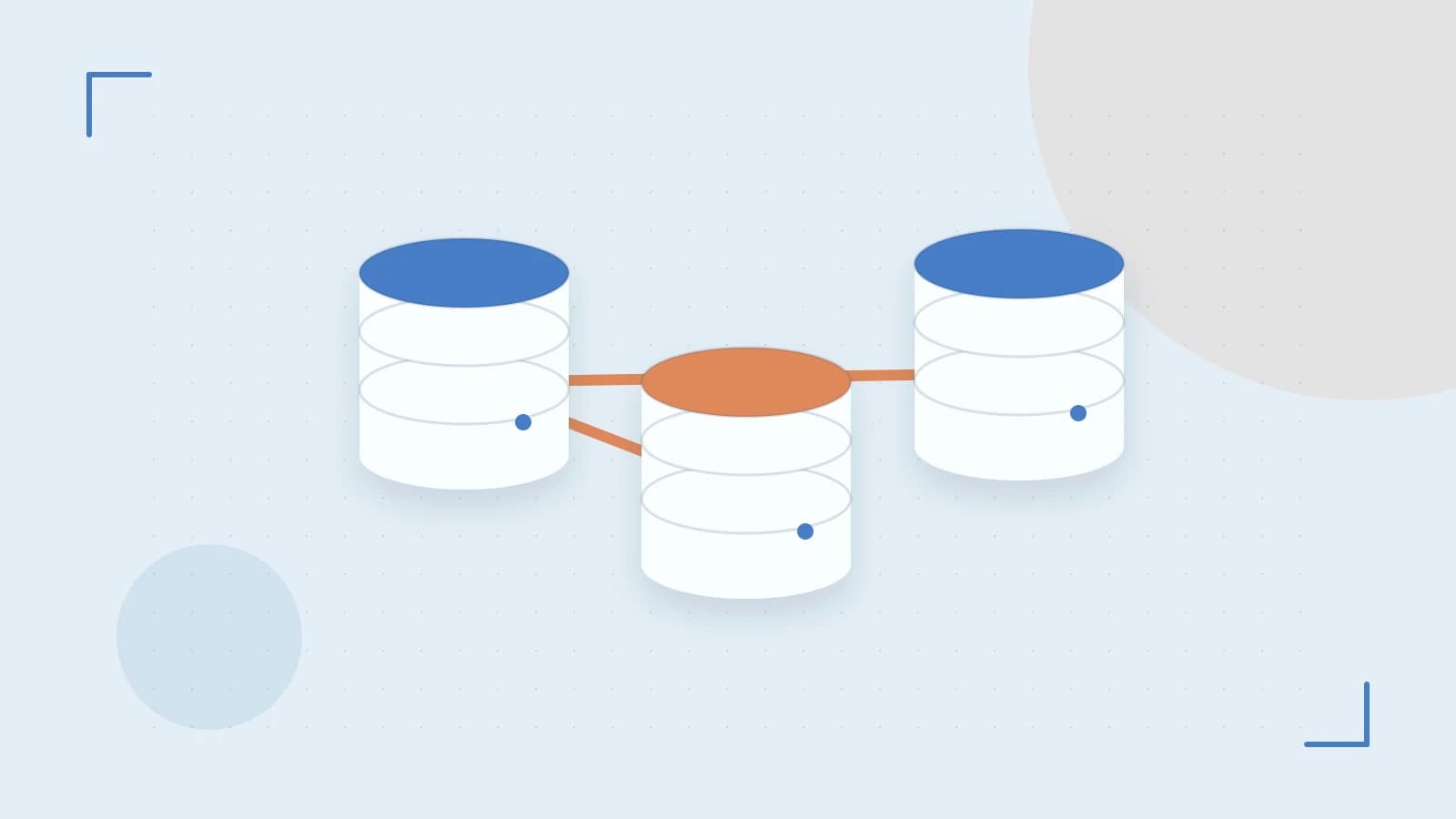 Editorial illustration of structured records, database cylinders and relationships between tables