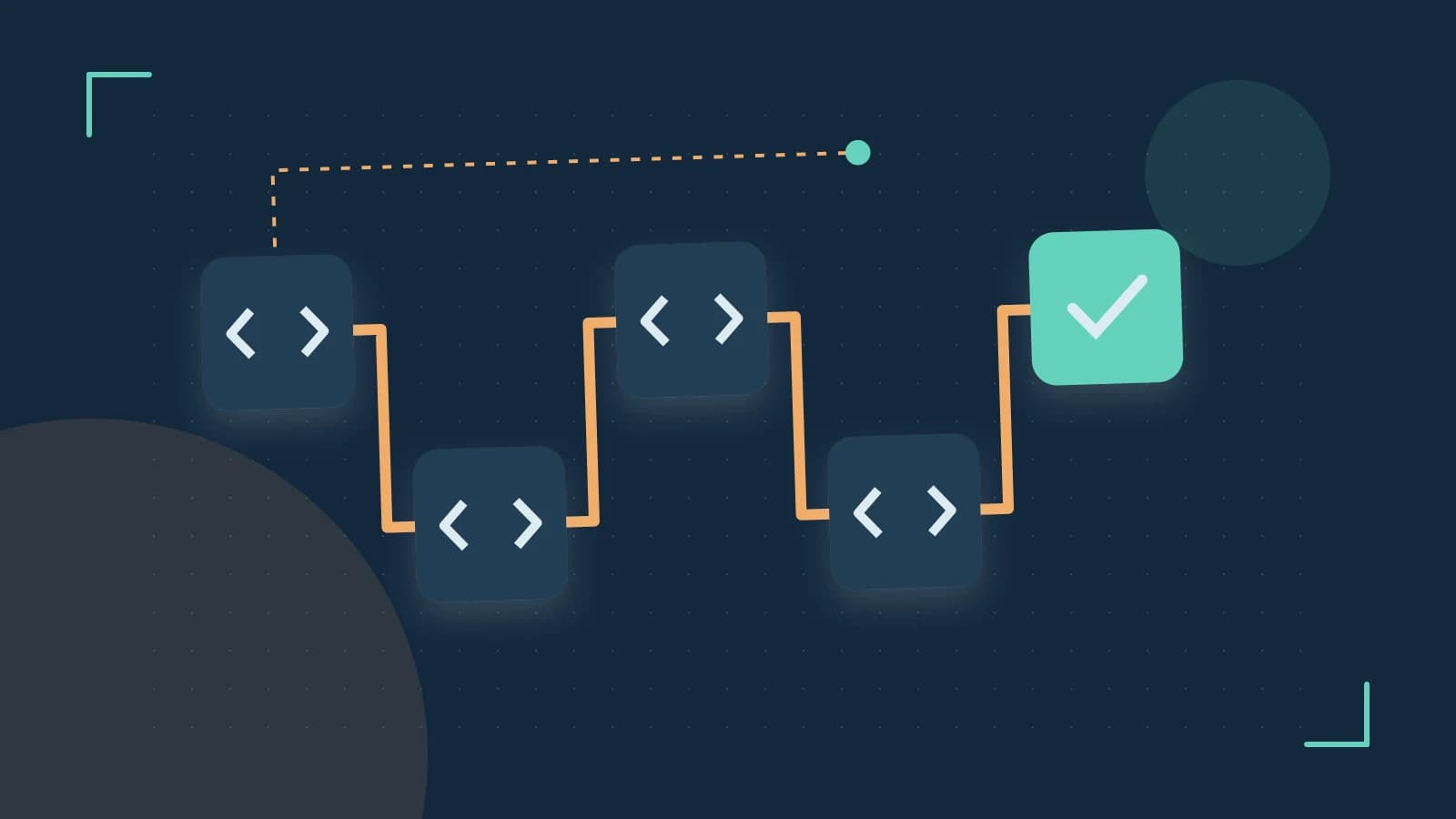 Editorial illustration of a branching build pipeline, staged transformations and a completed check