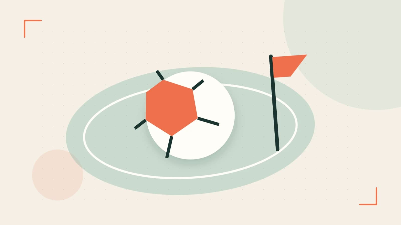 Editorial illustration of a stylized sports ball, stadium geometry and dynamic arcs