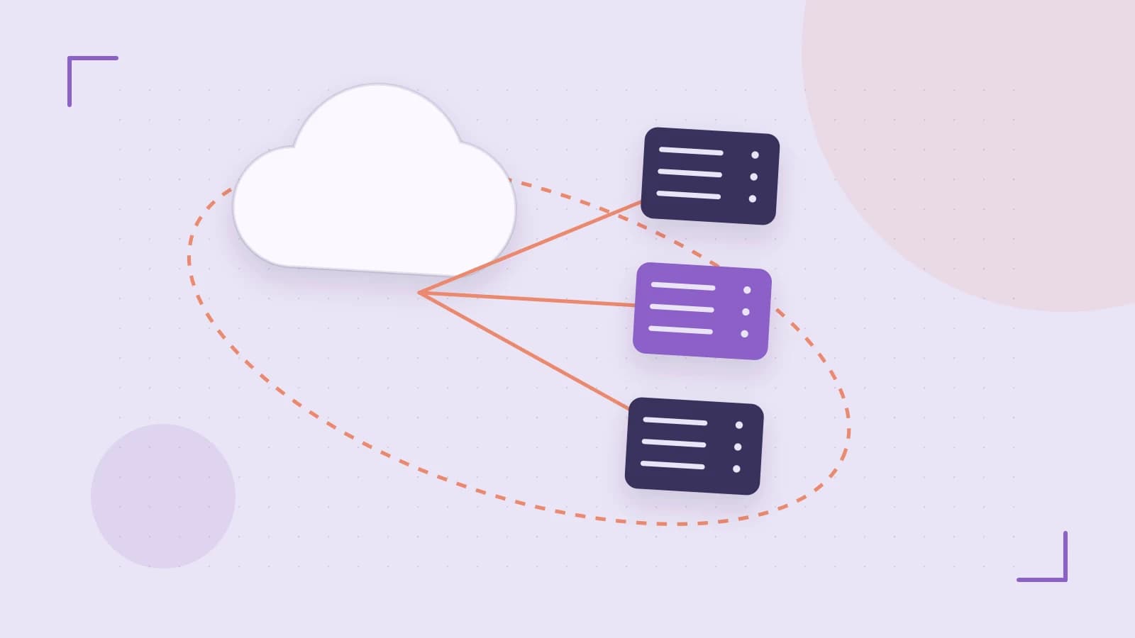 Editorial illustration of cloud infrastructure, connected server racks and an orbital service map