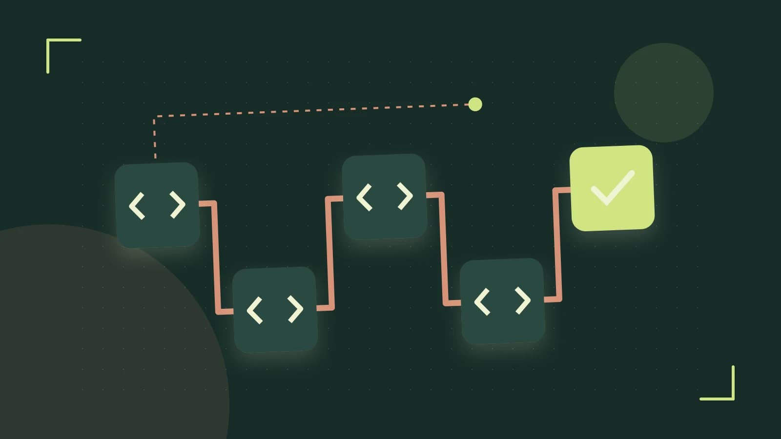 Editorial illustration of a branching build pipeline, staged transformations and a completed check